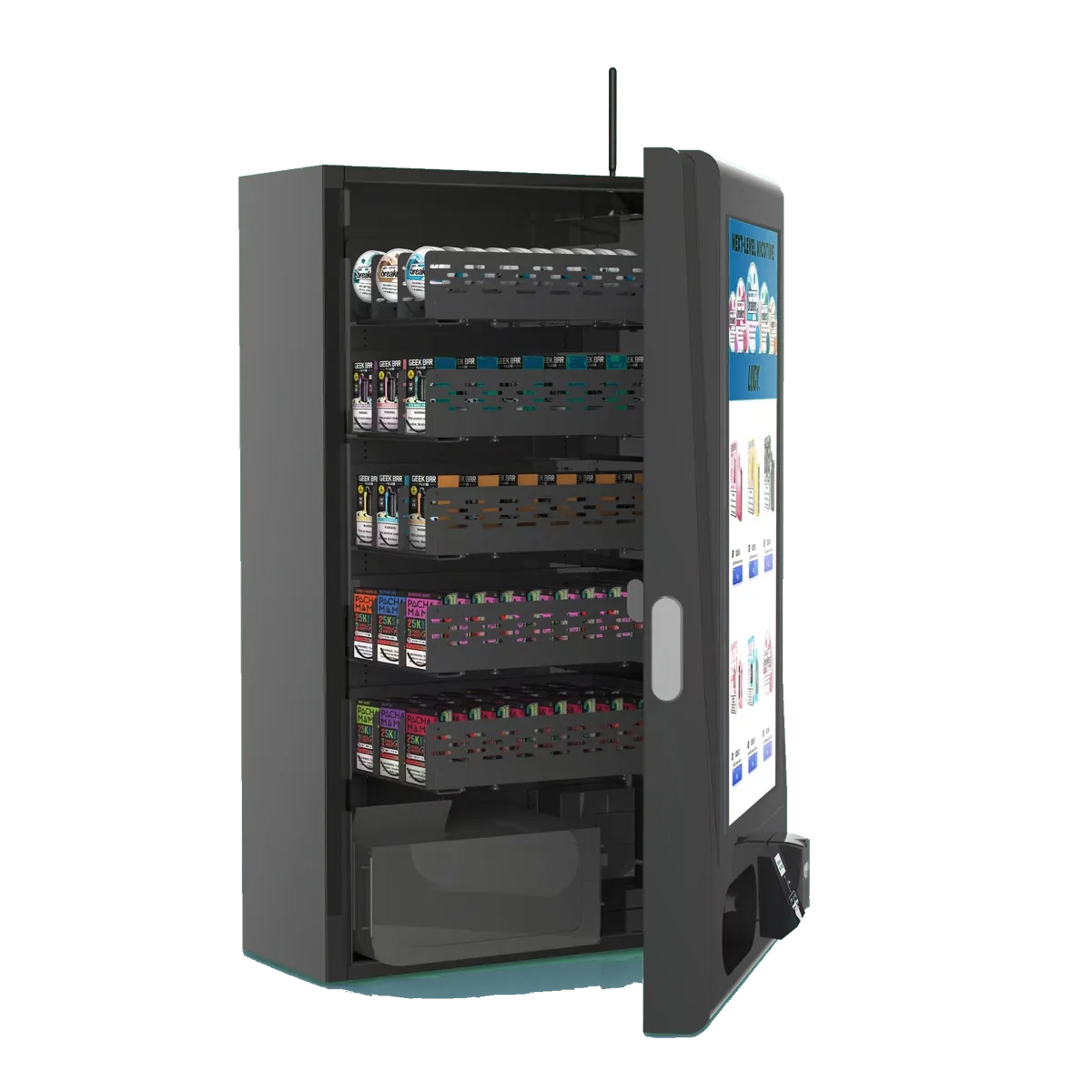 An open Matos Distribution vending machine fully stocked with nightlife essentials